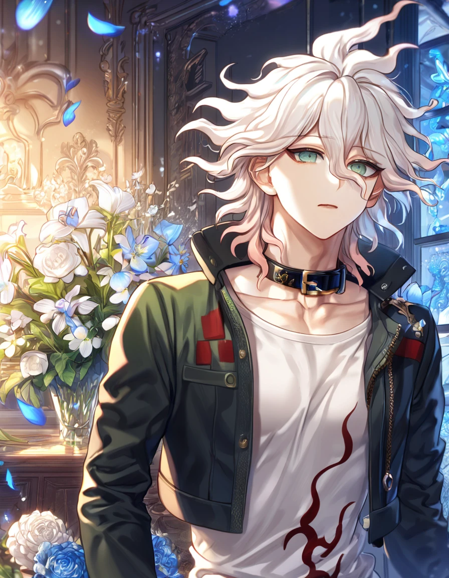 absurdres, highres, ultra detailed, HDR, master piece, Komaeda Nagito, white hair, expressive gray-green eyes, cropped black jacket, dark-red and long beige undershirt, Danganronpa, sexy man, room, handsome, best quality, flowers, fantasy, magical, solo, blue shining fireflies, blue petals, sensual, black collar,