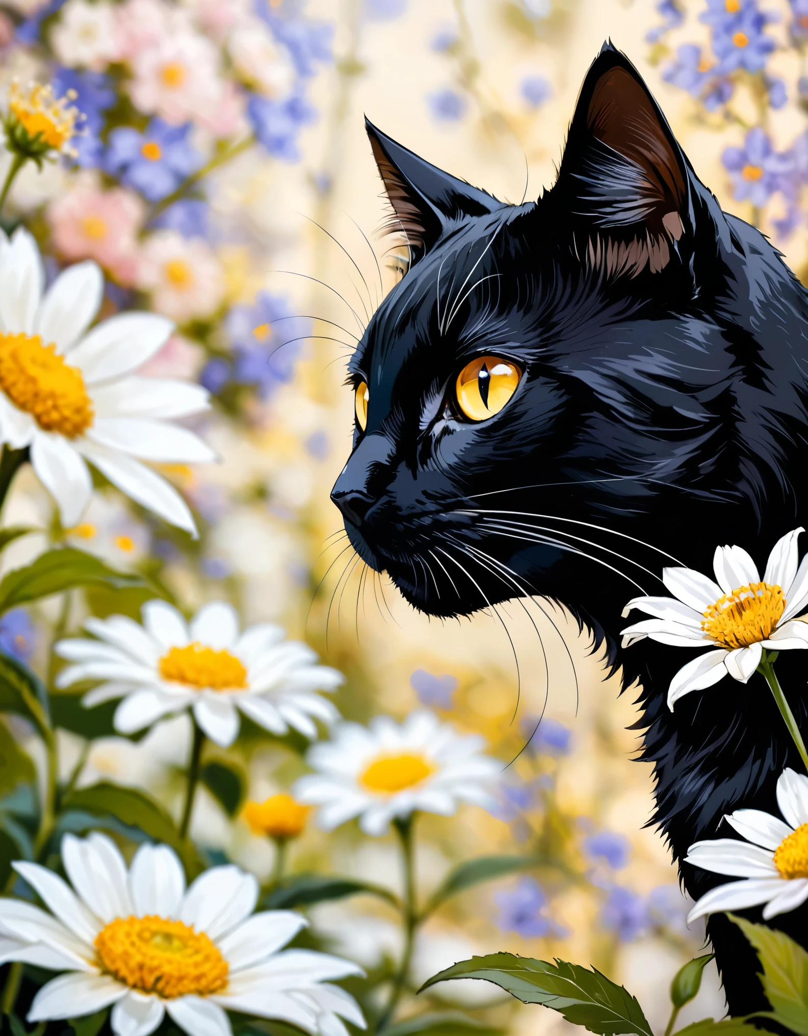 (in style of Harry Clarke:0.5),(in style of Santiago Caruso:0.7),
1black cat, Golden vertical pupil, BREAK
flower background,(flower foreground:1.6),( background blurred:1.7),from_Side,figure-centered composition,look up,(photo:1.4),(authentic:1.5),mid_shot,looking at viewer,(blurry foreground:1.5),