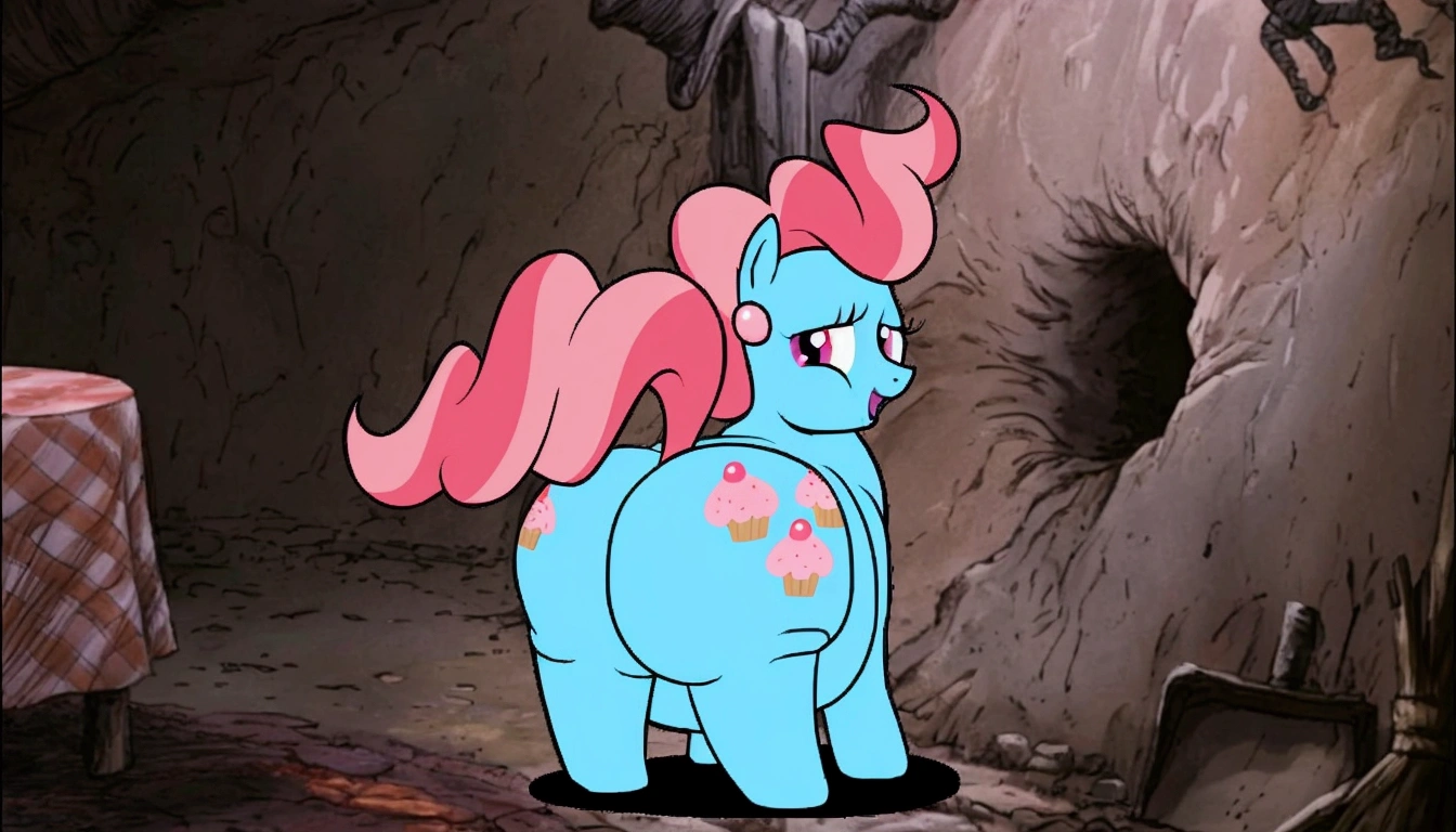 there is a cartoon pony standing in a cave with a table, pinkie pie equine, pinky pie my little pony, pinkie pie as a sith lord, pinkie pie, pony facing away, anthropomorphic mare, her hair is in a pony tail, windy mane, cutie mark, neon hooves, oversized_hindquarters, mlp