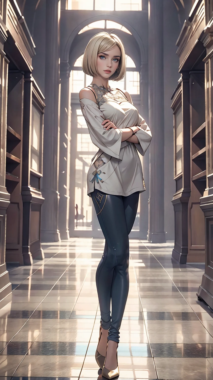 ((Full body photo, standing, on the floor)) 26 year old Caucasian woman、platinum blonde、bob hair((bob cut))、blue colored eyes、sensual proportions、narrow waisted、Legs long、7heads、beautiful fingertips、front cutout((front cutout))Use tops、Use leggings、Wear stiletto heels、view from the top、Ancient concrete wall background、ssmile、crossed arms