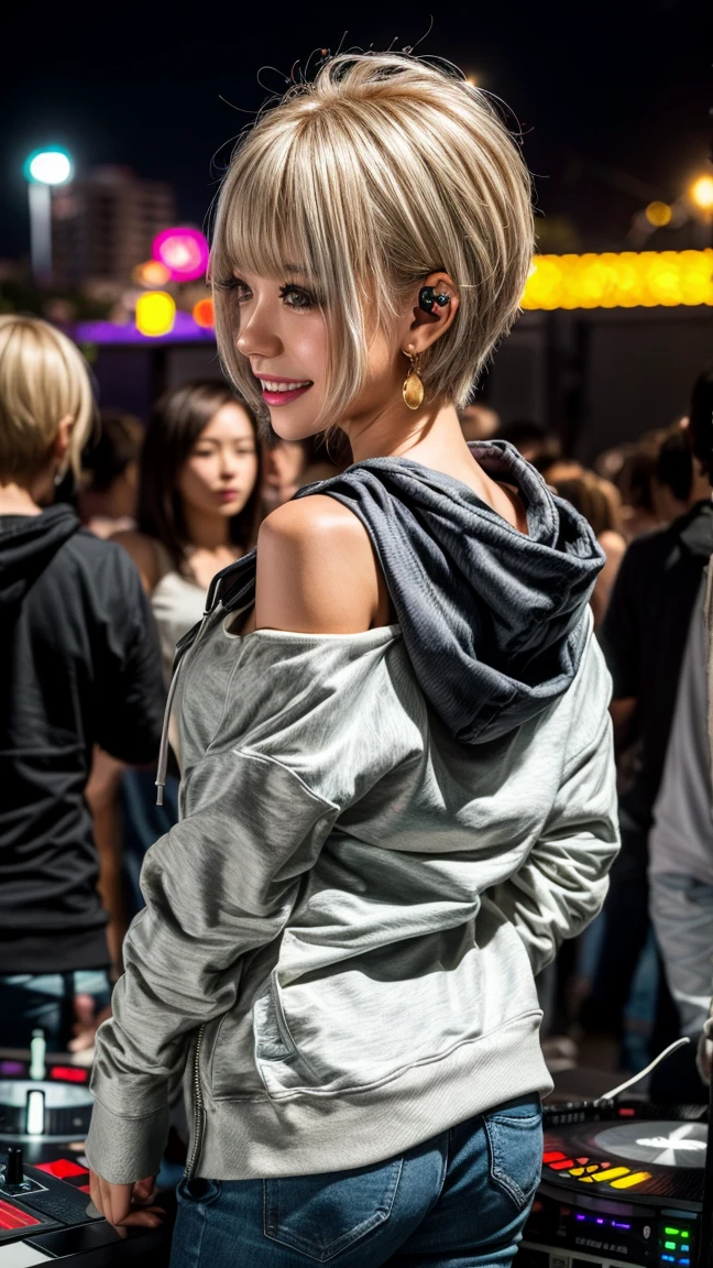 Highest quality, Tabletop, Ultra-high resolution, (Realistic:1.4), (Japanese Idols),RAW Photos, One Girl, night,Detailed skin,nightclub,Disco,(blonde:1.2), (Silver inner hair:1.3),Glossy Lips,smile,21 years old,Beautiful and beautiful eyes,eye shadow,Diamond jewellery,Earrings,Gold Jewelry,(hoodie:1.3),,(Shoulder strengthening:1.2),A well-trained body,(Pixie Cut),Round face,(playing music as a DJ:1.5),  (DJ:1.2) Vibrant performances (Music Festival:1.2) and (Lively crowd:1.1) and (Colorful stage lighting:1.1), (Back view:1.5 ),Back view,(A slightly distant composition),(back of head),Composition from behind