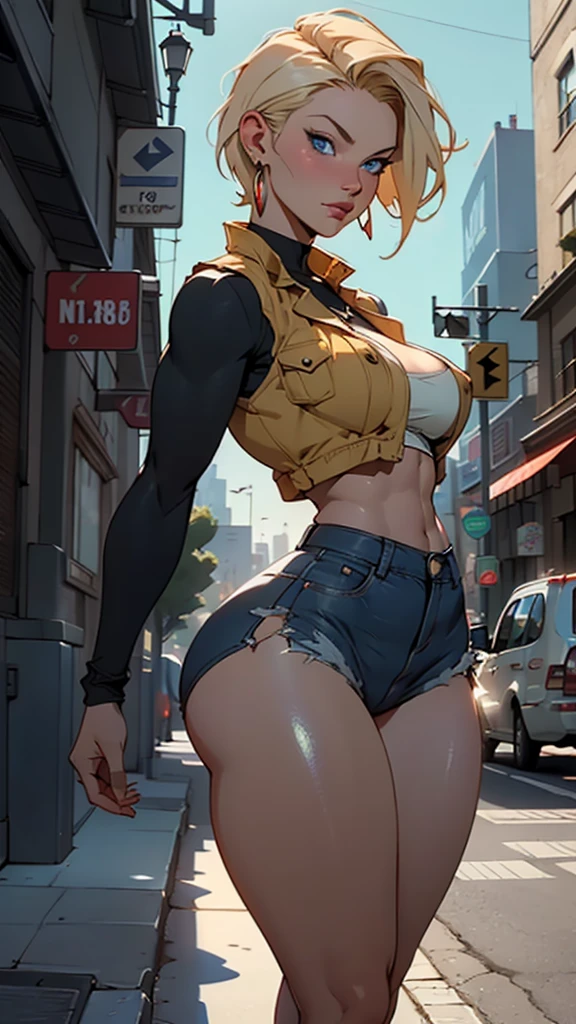 unparalleled masterpiece, ultra realistic 8k CG, perfect artwork, (1girl:1.1) , solo, ((perfect female figure)), (nsfw), looking at viewer, mature female, bimbo (android 18) standing, (teasing), best quality:1.1 , seductive posture, sexy pose, alluring, (beautiful), (curvy), (thick), blonde hair, (blue eyes:1.2), short hair, earrings, jewelry, denim vest, open vest, black pantyhose, black shirt, denim skirt, striped long sleeves, blue skirt, toned legs, fit, (abs:1.1), (big butt:1.4), peach ass, (athletic body:1.2), (large breasts:1.3, (big_breasts:1.1), wide_hips:1.5, narrow waist, small waist:1.5, slender body:1.2, thick thighs:1.3), (shiny skin:1.2), (hdr), (street:1.2), Nikon D850 film stock photograph Kodak Portra 400 camera f1.6 lens, rich colors, lifelike texture, dramatic lighting, unreal engine, trending on ArtStation, by Gerald Brom, by Frank Frazetta, by Luis Royo, by Julie Bell, by Boris Vallejo