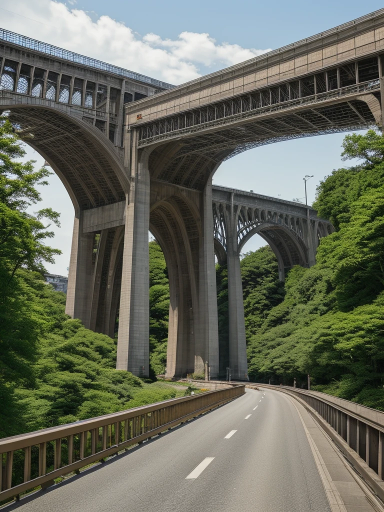 (((Masterpiece))), (best quality),A Japanese viaduct stretches directly across the street. Underneath the viaduct is a single lane road. A local city.
