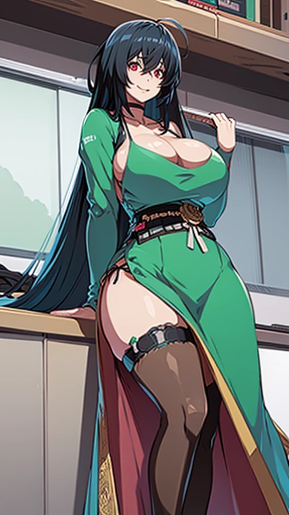 ANIME , high detailed
1 chunky girl, taiho, taiho hairstyle, indigo hair, red-dead eyes, seductive Smile, seductive expression, busty, round buson, gorgeous chunky body, Green dress, Juliet sleeves, skirt