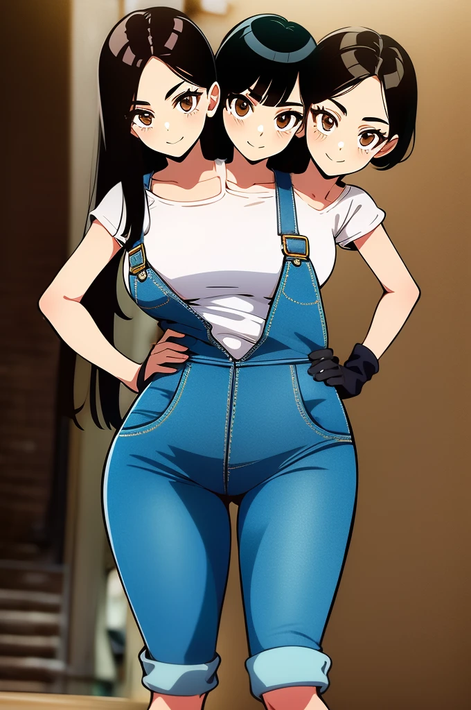 a solo cartoon of a woman in tight pants and a shirt, bimbo at the gym, thicc, oc commission, commission for high res, hands behind her body pose!, inked and colored, cel shaded!!!, cutesexyrobutts, full body portrait of a short!, fullbody commission for, thighs!!!!!!, lowres, thighs!!!, a full bodyof a solo woman with a black hair and a blue top, short black hair, anime visual of a woman, female anime character, town