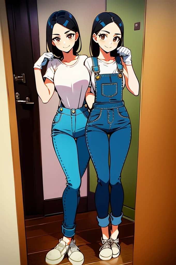 (16K), two headed girl, smiling, highres, masterpiece, ((black hair)),, ((different hair styles)), (childish personality), (brown eyes), ((denim overalls)), white shirt, ((slim hips)), casual dress, teenage girl, Beautiful girl with cute eyes, black gloves