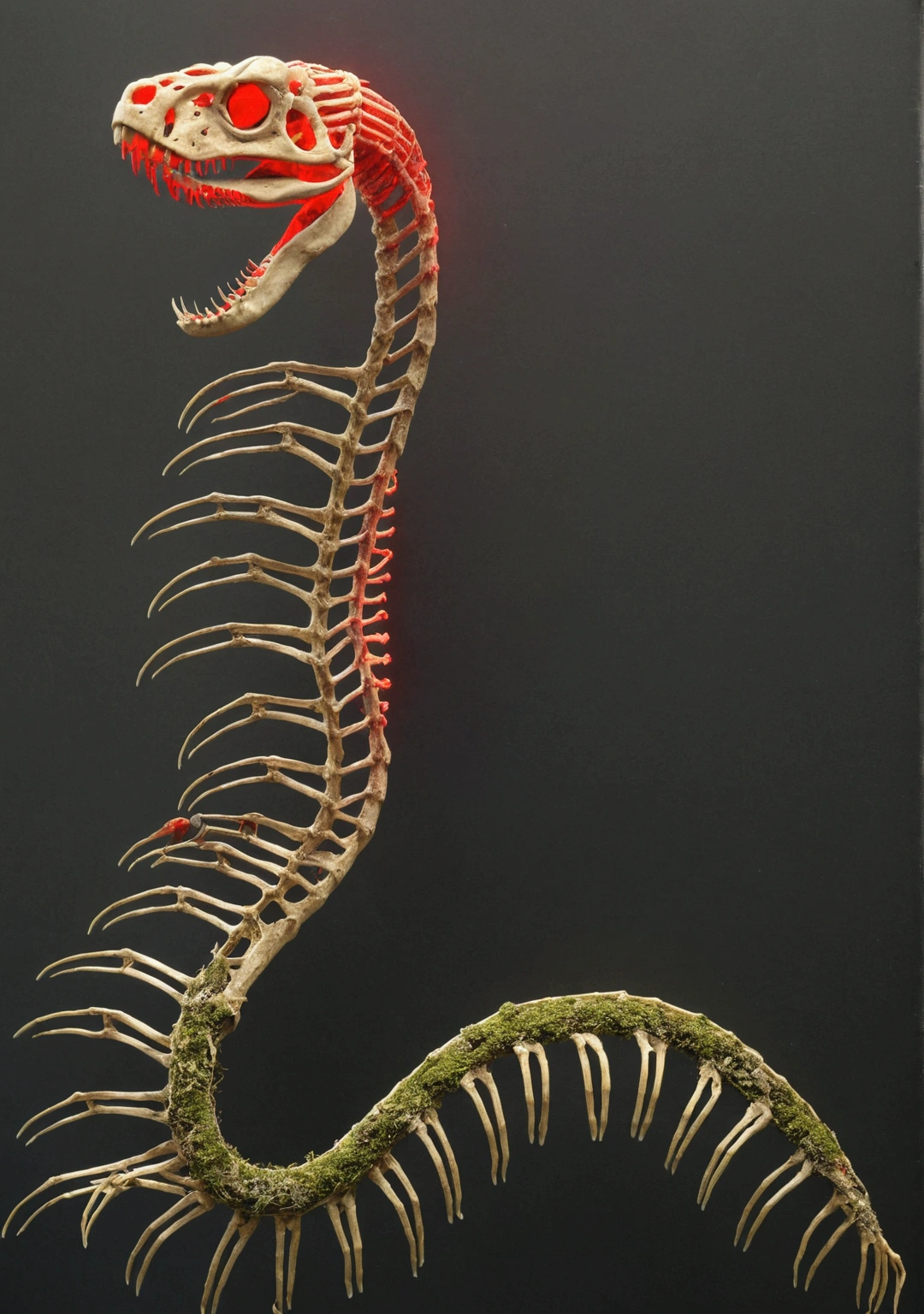 Side profile view: Snake skeleton with ribs and head receiving red light from below, some moss on the back