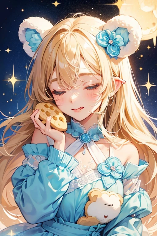 Light blue GIRL bear with shut eyes sticking its tongue out. SHe has tan, cookie-like ears and a dark cream-colored cream decorated with brown sprinkles. SPARKLE; GLITTER