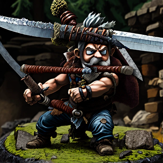A barbarian gnome with a gigantic greatsword, two handed sword, Furious gnome, great sword, battle position, gnome carrying sword, struggling , carrying sword, without armor 