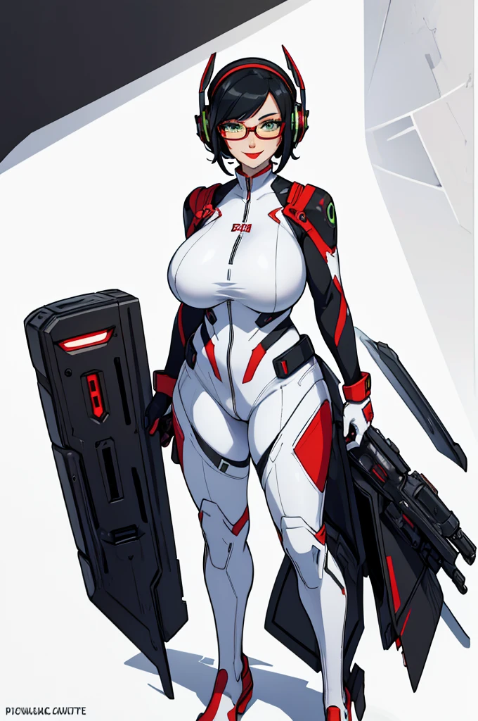 (masterpiece, best quality, high resolution,) a beautiful woman, ((huge breasts)), black hair, bob cut, red lips, glasses, green eyes, plug-in suit, full-body white pilot suit, mature smile, headphones white interface,((white background,)), ((full body standing)),
