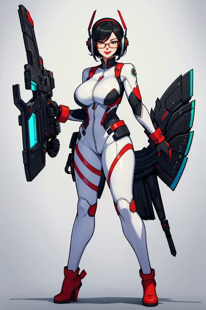 (masterpiece, best quality, high resolution,) a beautiful woman, ((huge breasts)), black hair, bob cut, red lips, glasses, green eyes, plug-in suit, full-body white pilot suit, mature smile, headphones white interface,((white background,)), ((full body standing)),