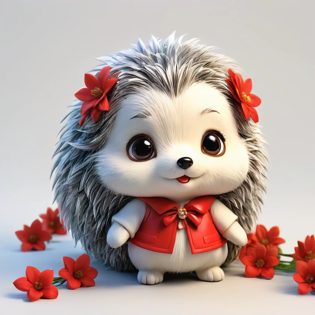 Hedgehog、cute、Standing alone, looking down、Wearing a red dress、A red ribbon on her head