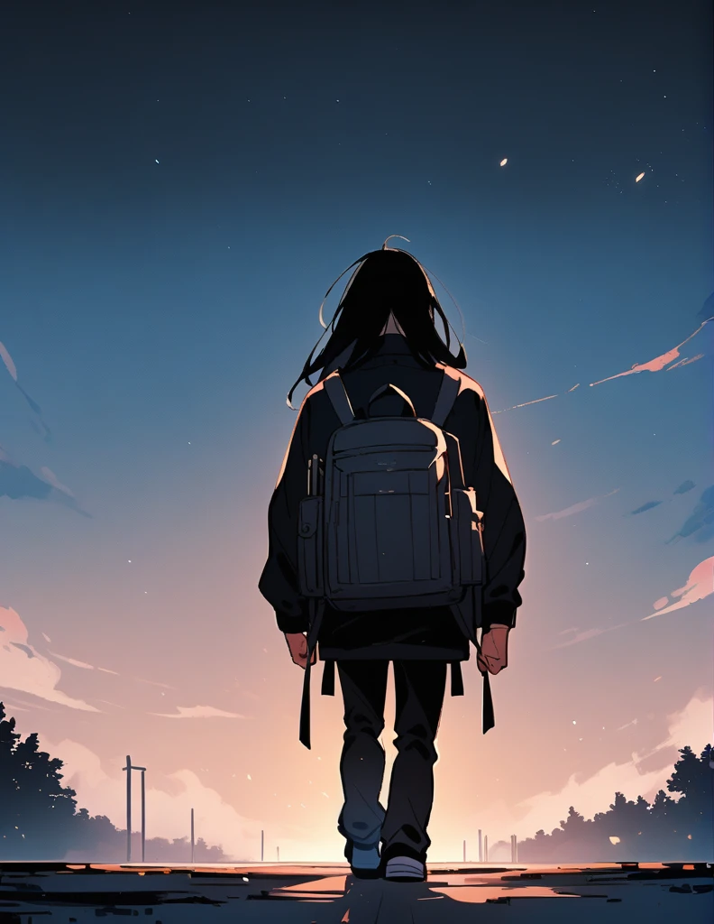 16-year-old teenage boy, long black long hair, wearing a dark blue and prescription glasses, wearing silver earrings, with a backpack, walking alone and with his head down
