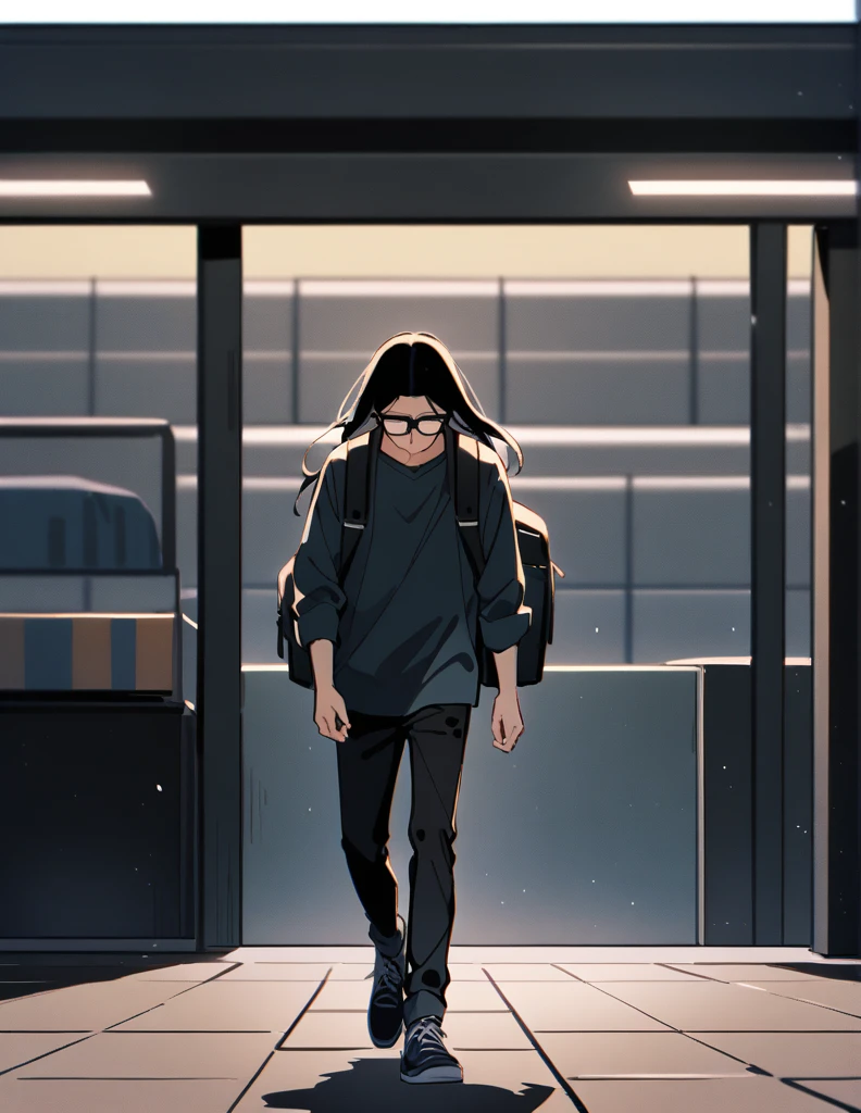 16-year-old teenage boy, long black long hair, wearing a dark blue and prescription glasses, wearing silver earrings, with a backpack, walking alone and with his head down