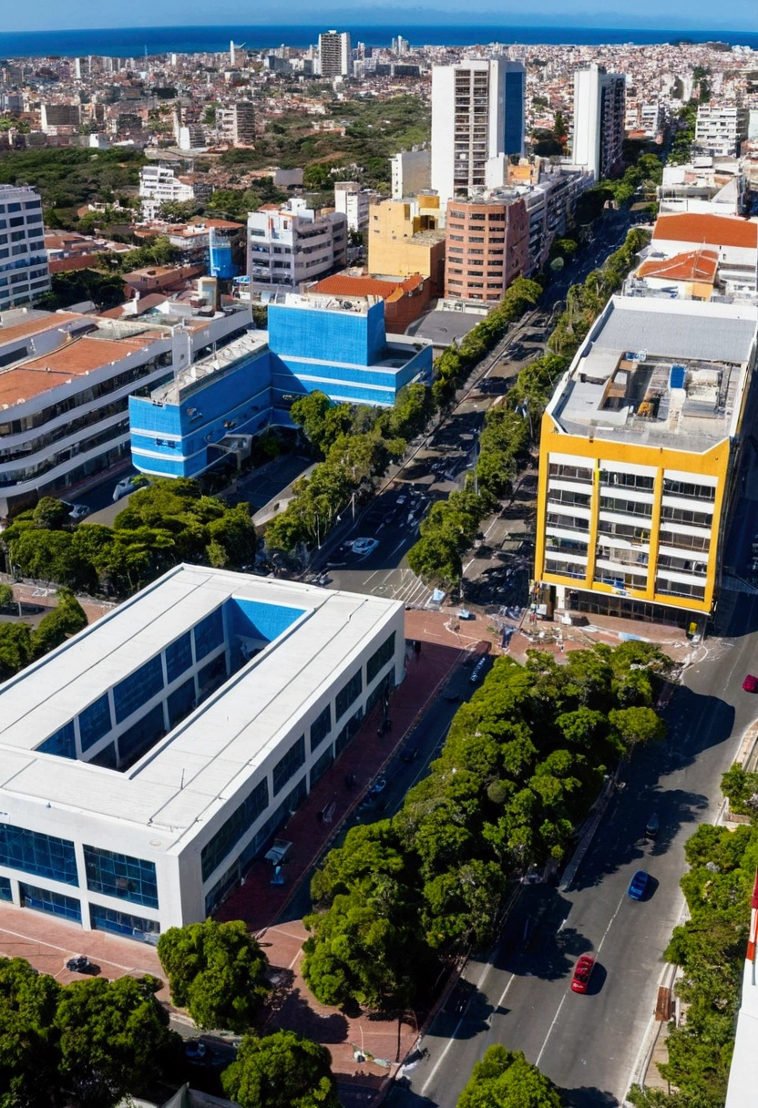 Create a city in which there is a hospital on one block and on the left side there is a hardware store and on the right side of the hospital there is a bookstore,on Cristóbal Colón Avenue,In front of the hospital there is a cafeteria that next to it has a car parking lot and this is between a police station and a pharmacy on Los Ríos Avenue diagonal to the cafeteria we find Walter Andrade Avenue where we have a restaurant and next to it we find a brewery Crossing the street from the brewery we find a bus stop on José Delgado Avenue, near this stop there is a large office building that is located on the same avenue 