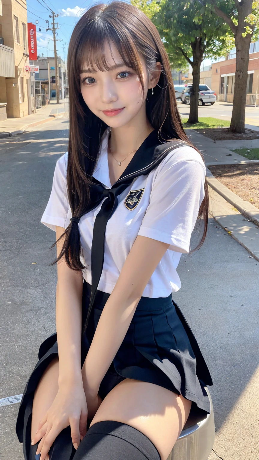 ((masterpiece, Highest quality)),Best aesthetics,One Girl, Sitting, school machinery, Black hair straight, Hotel district,Long Hair, View your audience, :p, Focus Only, Brown eyes, mini skirt, Short sleeve, 1 boy,Black Seraphim, Multiple Girls, Pleated skirt, Sailor collar, bangs,smile,,Knee-high socks,(Schoolyard),Wide legged pose,(skirt lift:1.4),(panties:1.5)