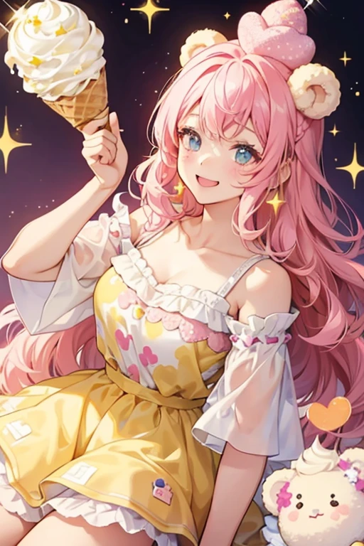 A glittery pink croissant girl bear with a big smile on her face. She wears a bow with a white chocolate chip in the center and has strawberry drizzle on her. SPARKLE; GLITTER