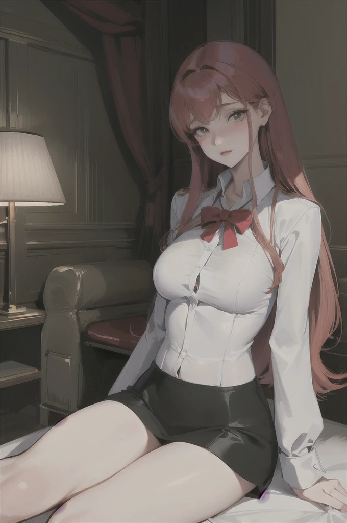 Masterpiece best quality octane rendering beautiful girl in a white shirt buttoned up long red hair long legs black stockings thoughtful expression sitting on the bed in the hotel leg loops hand details