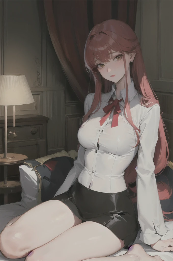 Masterpiece best quality octane rendering beautiful girl in a white shirt buttoned up long red hair long legs black stockings thoughtful expression sitting on the bed in the hotel leg loops hand details