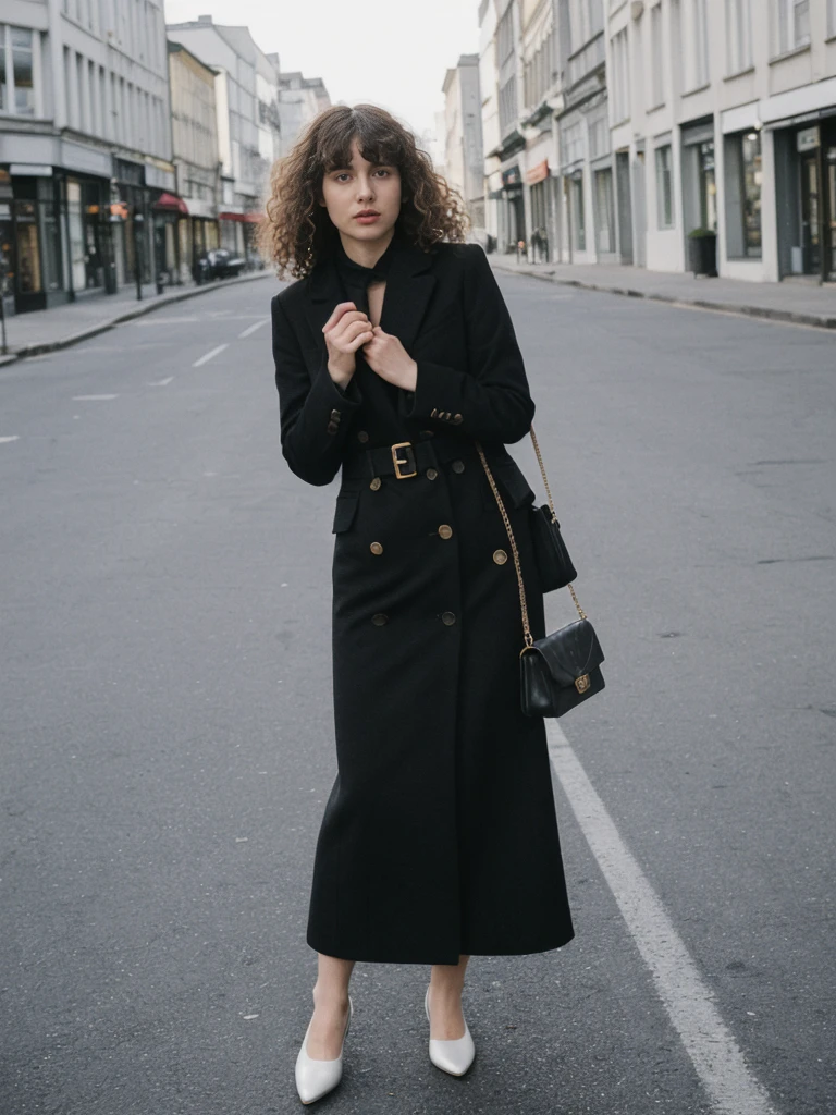 her name is Amelie, high quality, 1girl, ((25-year-old fit Caucasian woman)), ((25 years old)), ((BODY TYPE: HOURGLASS)), ((Curly Bangs)), pose: standing, wearing Well-dressed ULTRA MODERN Generation-Z modern wear VARIETY colored, BACKGROUND: "Walking along the Plateau district, with its modern skyline and vibrant markets."