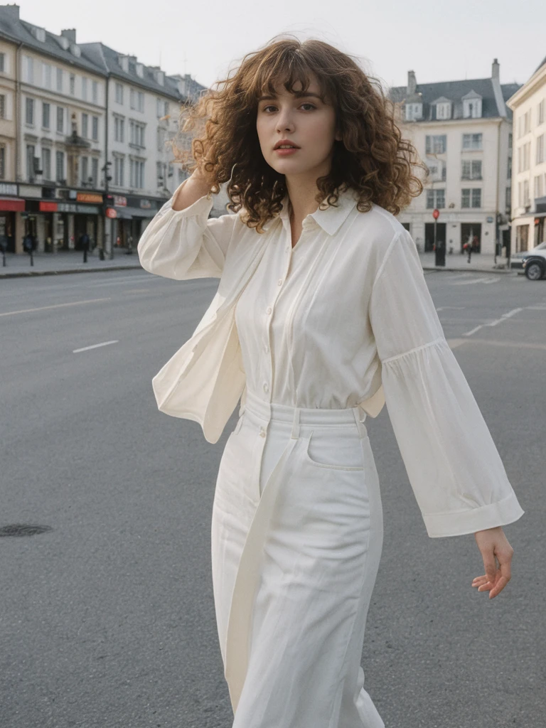 her name is Amelie, high quality, 1girl, ((25-year-old fit Caucasian woman)), ((25 years old)), ((BODY TYPE: HOURGLASS)), ((Curly Bangs)), pose: standing, wearing Well-dressed ULTRA MODERN Generation-Z modern wear VARIETY colored, BACKGROUND: "Walking along the Plateau district, with its modern skyline and vibrant markets."