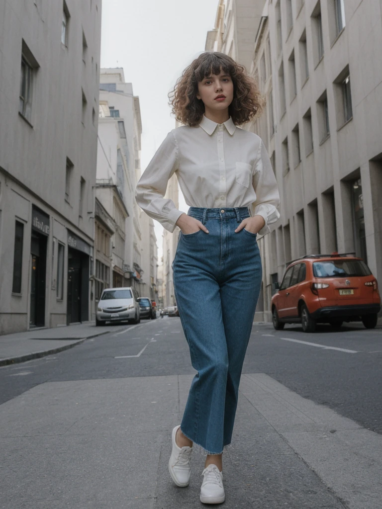 her name is Amelie, high quality, 1girl, ((25-year-old fit Caucasian woman)), ((25 years old)), ((BODY TYPE: HOURGLASS)), ((Curly Bangs)), pose: standing, wearing Well-dressed ULTRA MODERN Generation-Z modern wear VARIETY colored, BACKGROUND: "Walking along the Plateau district, with its modern skyline and vibrant markets."
