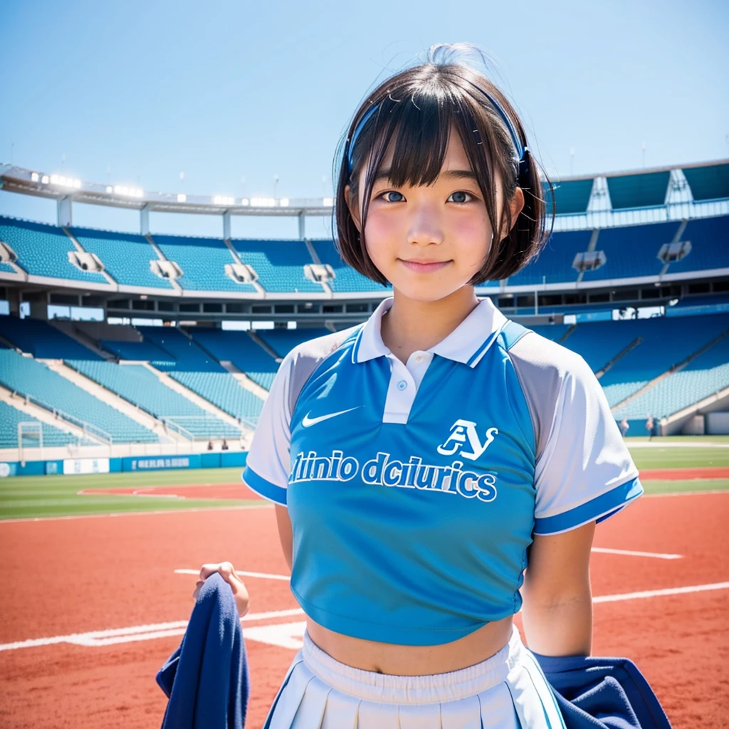 A cute high school girl wearing a light blue athletics uniform, One girl, Short Bob Haircut, Light blue bloomers, Sunburn mark, Athletics Stadiums in Japan, The body is facing backwards and the face is facing to the side.