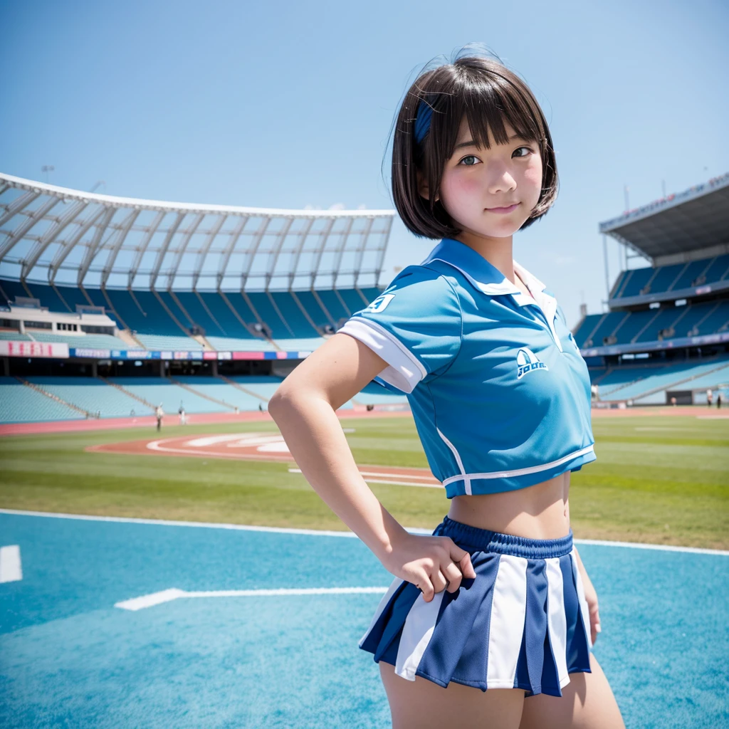 A cute high school girl wearing a light blue athletics uniform, One girl, Short Bob Haircut, Light blue bloomers, Sunburn mark, Athletics Stadiums in Japan, The body is facing backwards and the face is facing to the side.