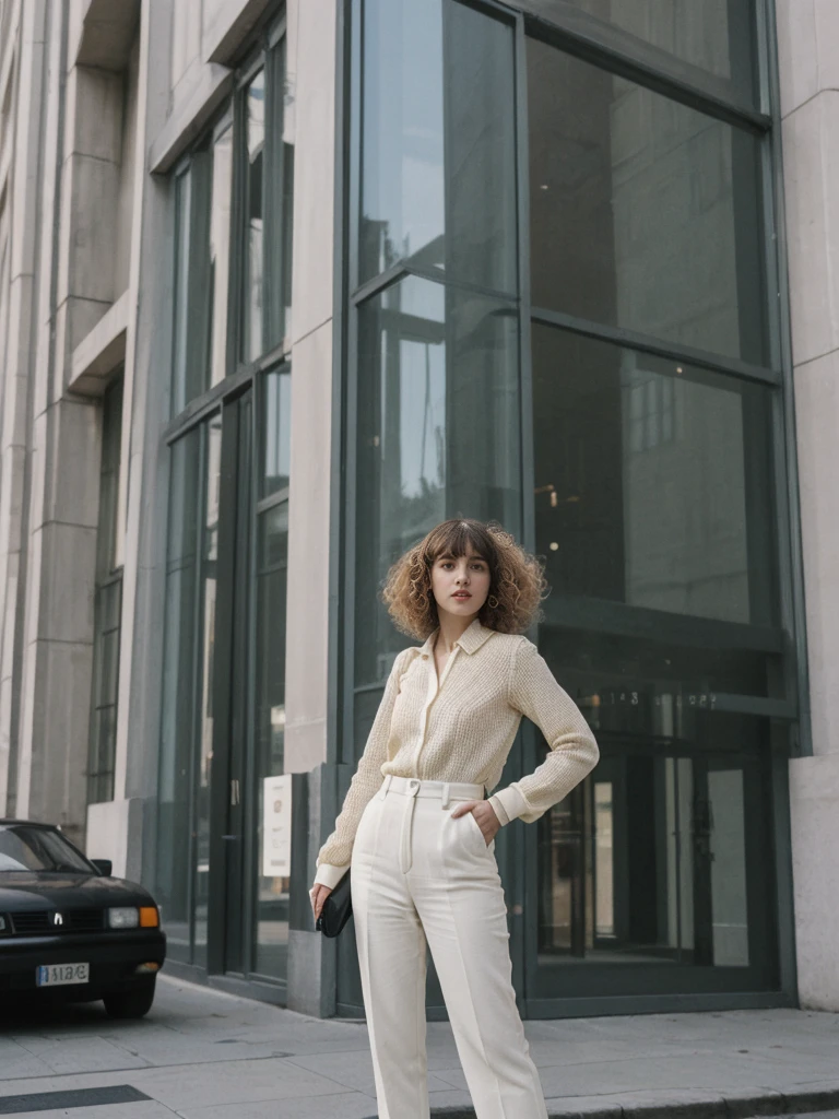 her name is Amelie, high quality, 1girl, ((25-year-old fit Caucasian woman)), ((25 years old)), ((BODY TYPE: HOURGLASS)), ((Curly Bangs)), pose: standing, wearing Well-dressed ULTRA MODERN Generation-Z modern wear VARIETY colored, BACKGROUND: "Walking along the Plateau district, with its modern skyline and vibrant markets."