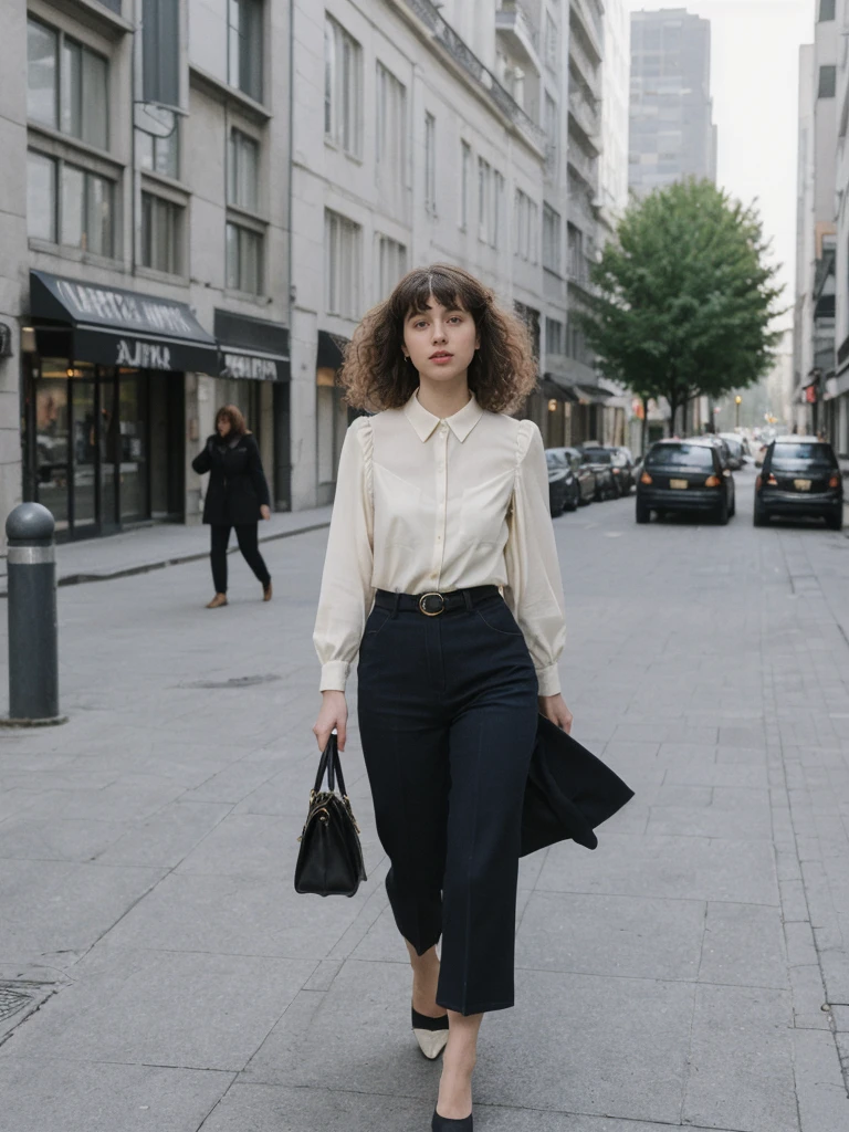 her name is Amelie, high quality, 1girl, ((25-year-old fit Caucasian woman)), ((25 years old)), ((BODY TYPE: HOURGLASS)), ((Curly Bangs)), pose: standing, wearing Well-dressed ULTRA MODERN Generation-Z modern wear VARIETY colored, BACKGROUND: "Walking along the Plateau district, with its modern skyline and vibrant markets."