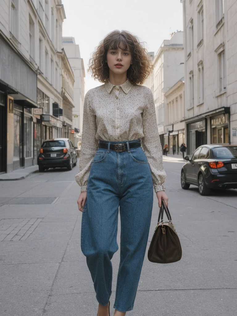 her name is Amelie, high quality, 1girl, ((25-year-old fit Caucasian woman)), ((25 years old)), ((BODY TYPE: HOURGLASS)), ((Curly Bangs)), pose: standing, wearing Well-dressed ULTRA MODERN Generation-Z modern wear VARIETY colored, BACKGROUND:  "Walking along the Plateau district, with its modern skyline and vibrant markets."