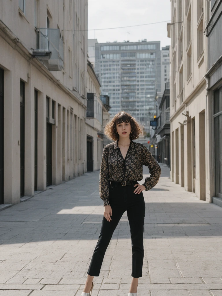 her name is Amelie, high quality, 1girl, ((25-year-old fit Caucasian woman)), ((25 years old)), ((BODY TYPE: HOURGLASS)), ((Curly Bangs)), pose: standing, wearing Well-dressed ULTRA MODERN Generation-Z modern wear VARIETY colored, BACKGROUND: "Walking along the Plateau district, with its modern skyline and vibrant markets."