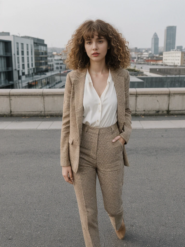 her name is Amelie, high quality, 1girl, ((25-year-old fit Caucasian woman)), ((25 years old)), ((BODY TYPE: HOURGLASS)), ((Curly Bangs)), pose: standing, wearing Well-dressed ULTRA MODERN Generation-Z modern wear VARIETY colored, BACKGROUND: "Walking along the Plateau district, with its modern skyline and vibrant markets."