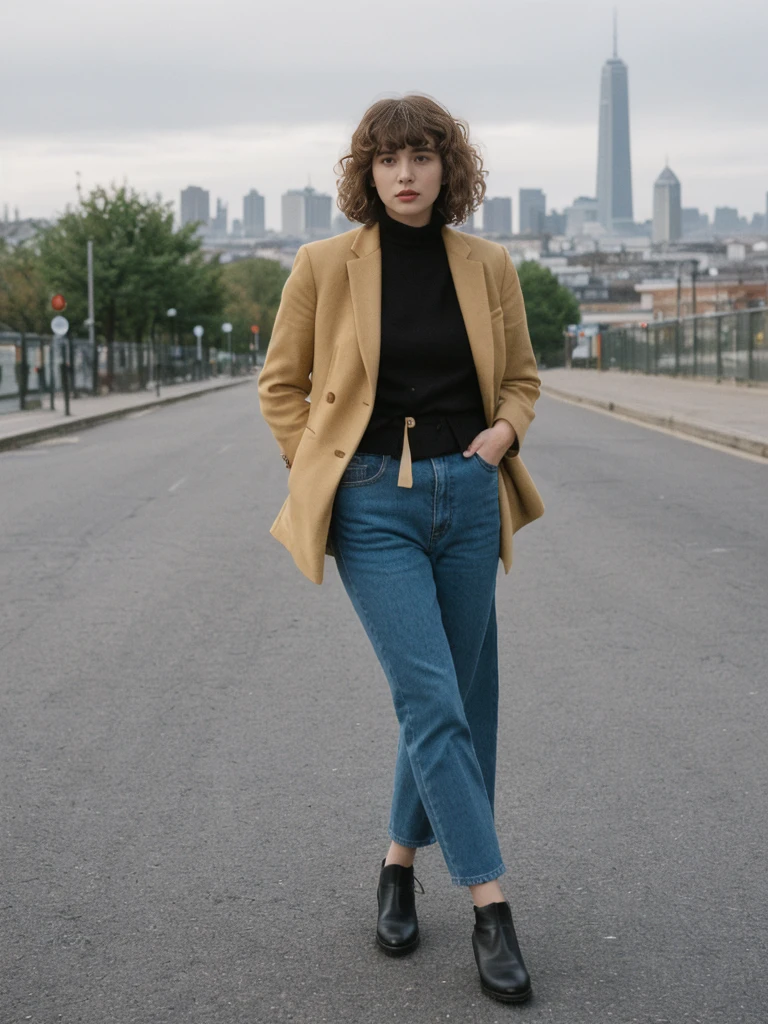 her name is Amelie, high quality, 1girl, ((25-year-old fit Caucasian woman)), ((25 years old)), ((BODY TYPE: HOURGLASS)), ((Curly Bangs)), pose: standing, wearing Well-dressed ULTRA MODERN Generation-Z modern wear VARIETY colored, BACKGROUND: "Walking along the Plateau district, with its modern skyline and vibrant markets."