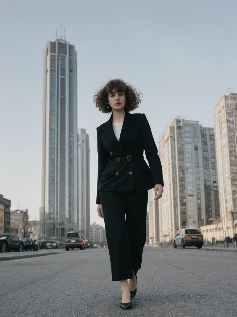 her name is Amelie, high quality, 1girl, ((25-year-old fit Caucasian woman)), ((25 years old)), ((BODY TYPE: HOURGLASS)), ((Curly Bangs)), pose: standing, wearing Well-dressed ULTRA MODERN Generation-Z modern wear VARIETY colored, BACKGROUND: "Walking along the Plateau district, with its modern skyline and vibrant markets."