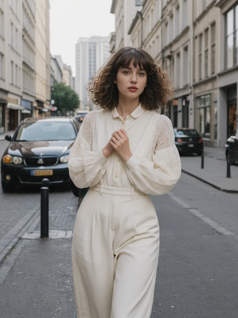 her name is Amelie, high quality, 1girl, ((25-year-old fit Caucasian woman)), ((25 years old)), ((BODY TYPE: HOURGLASS)), ((Curly Bangs)), pose: standing, wearing Well-dressed ULTRA MODERN Generation-Z modern wear VARIETY colored, BACKGROUND:  "Walking along the Plateau district, with its modern skyline and vibrant markets."