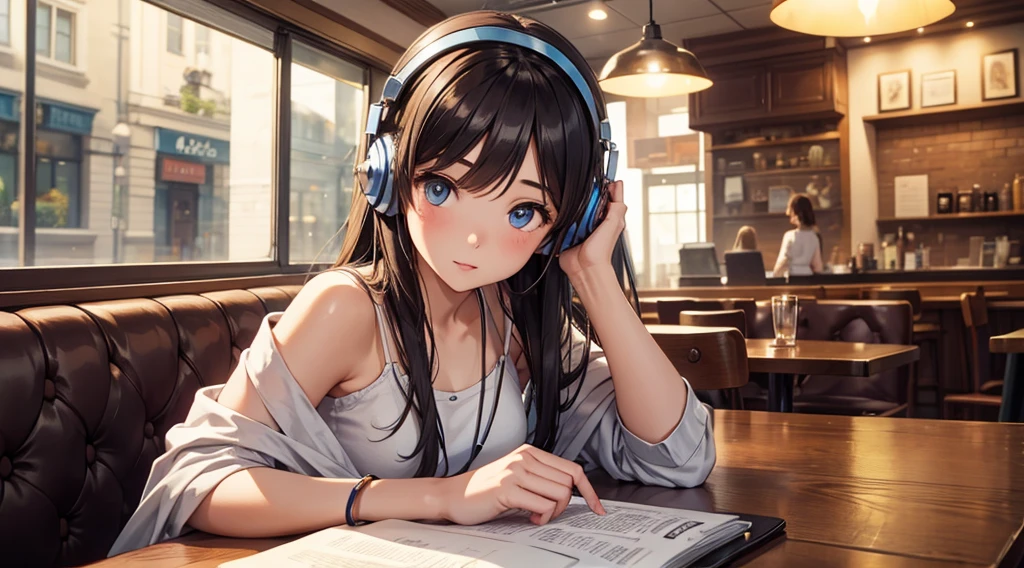 Girl with headphones enjoying music in a cafe　I am studying　Emphasize a little bit of the chest