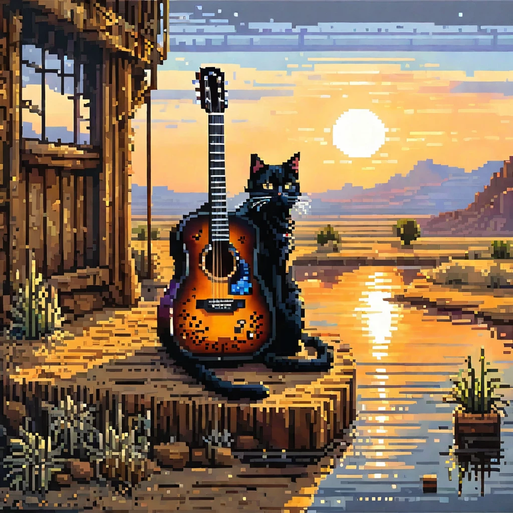 pixel art painting Acoustic guitar wild black cat, best quality, masterpiece, high details, Ultra intricate detailed,evening sun wasteland,