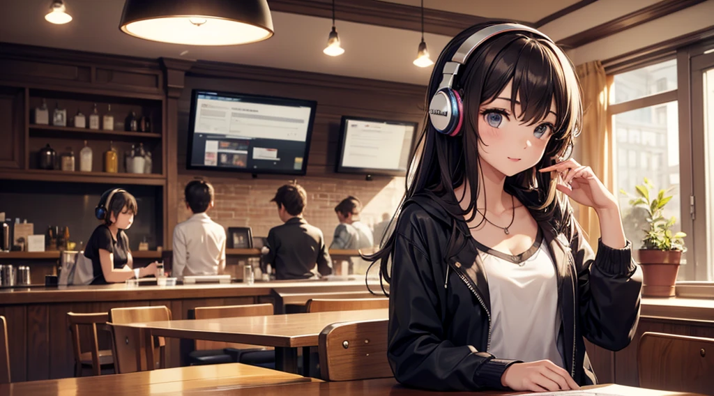 Girl with headphones enjoying music in a cafe I am studying Emphasize a little bit of the chest