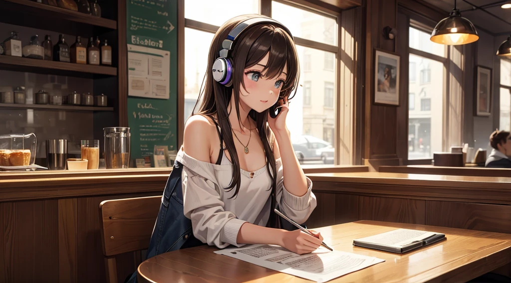 Girl with headphones enjoying music in a cafe I am studying Emphasize a little bit of the chest