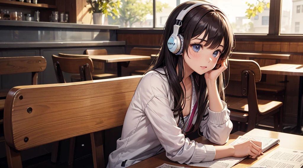 Girl with headphones enjoying music in a cafe　I am studying　Emphasize a little bit of the chest