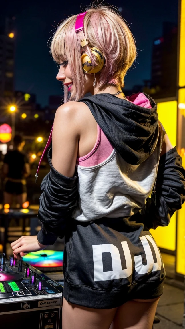 Highest quality, Tabletop, Ultra-high resolution, (Realistic:1.4), (Japanese Idols),RAW Photos, One Girl, night,Detailed skin,nightclub,Disco,(blonde:1.2), (Pink inner hair:1.3),Glossy Lips,smile,21 years old,Beautiful and beautiful eyes,eye shadow,Diamond jewellery,Earrings,Gold Jewelry,(hoodie:1.3),,(Shoulder strengthening:1.2),A well-trained body,(Pixie Cut),Round face,(playing music as a DJ:1.5), (DJ:1.2) Vibrant performances (Music Festival:1.2) and (Lively crowd:1.1) and (Colorful stage lighting:1.1), (Back view:1.5 ),Back view,A slightly distant composition,(back of head)