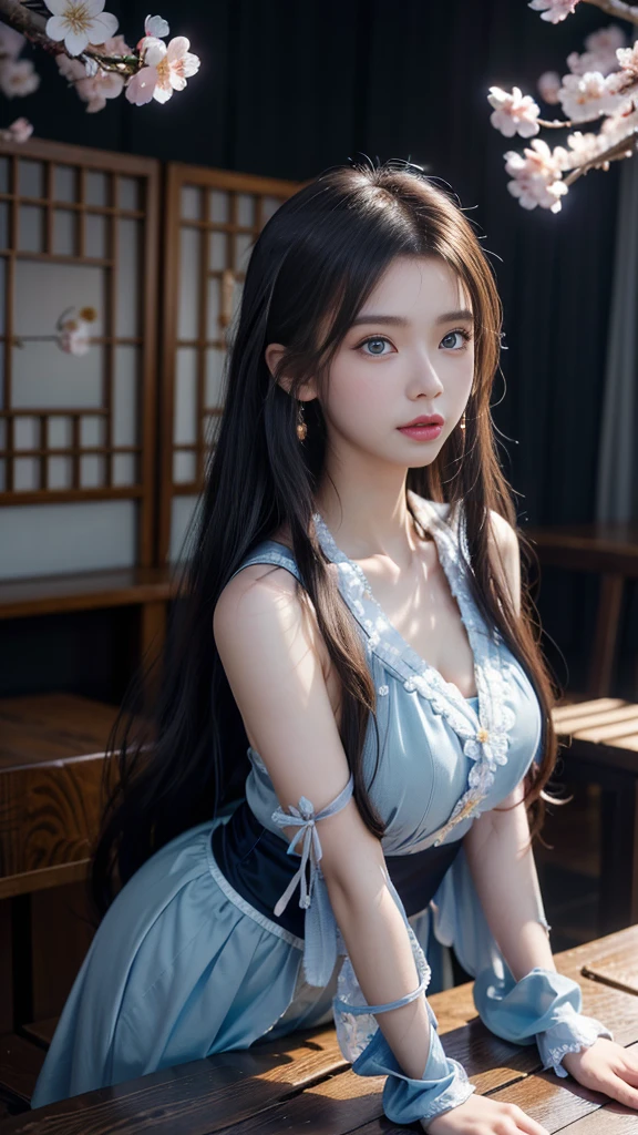 Drawing a woman with long hair and a feather hat, detailed portrait of anime girl, portrait anime girl, Artgerm. High detail, stunning anime face portrait, small breasts, digital anime art, art germ. Anime illustration, detailed digital anime art, anime girl portrait, Guvez style artwork, blue clothing, realistic digital art 4k, realistic digital art 4k, realistic, aesthetic. sitting,