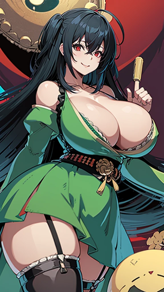 ANIME , high detailed
1 chunky girl, taiho,  taiho hairstyle, indigo hair, red-dead eyes, seductive Smile, seductive expression, busty, round buson, gorgeous chunky body, Green dress, poofy Juliet sleeves, skirt