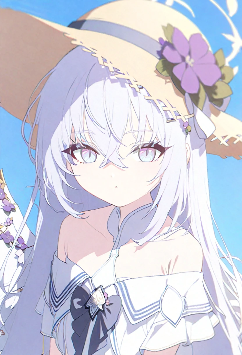   azusa \(blue archive\), 1girl alternate_costume bare_shoulders blurry cowboy_shot crossed_bangs depth_of_field dress facing_viewer flower grey_eyes hair_flower hair_ornament hat holding holding_flower long_hair off-shoulder_dress off_shoulder purple_flower solo straw_hat sunflower white_dress white_hair yellow_hat