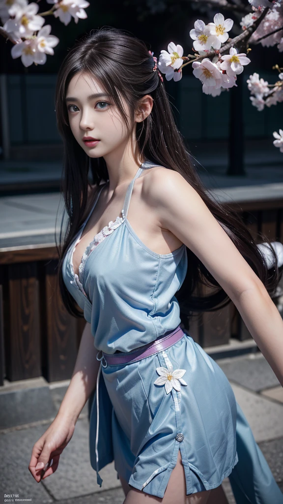 masterpiece, photorealistic, 1girl, blue detailed eyes, small nose, short pink orange summer dress, bright purple long hair, high pony tail, large chest, beautiful, innocent, standing