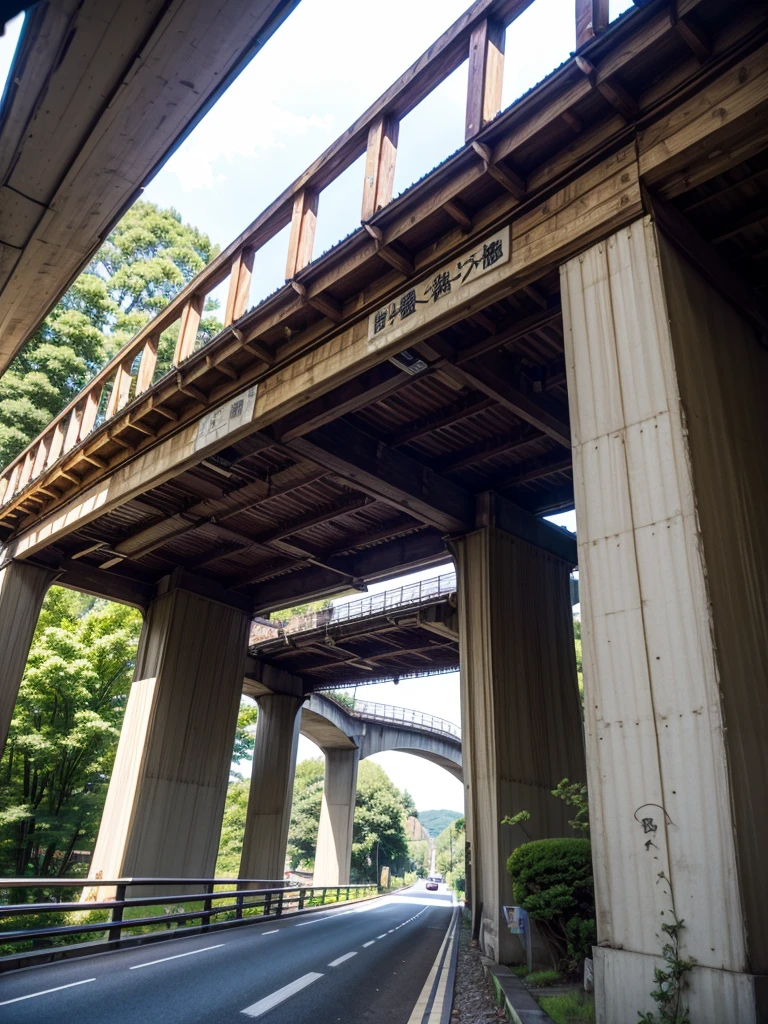 (((Masterpiece))), (best quality),A Japanese viaduct stretches directly across the street. Underneath the viaduct is a single lane road. A local city.