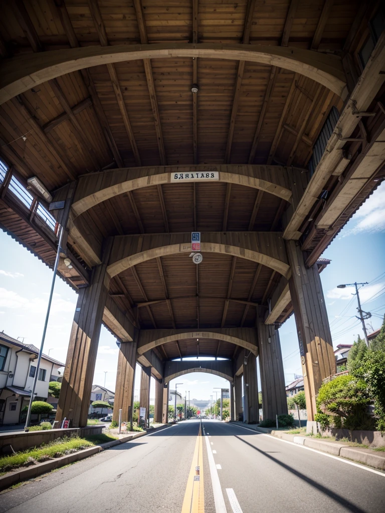 (((Masterpiece))), (best quality),A Japanese viaduct stretches directly across the street. Underneath the viaduct is a single lane road. A local city.