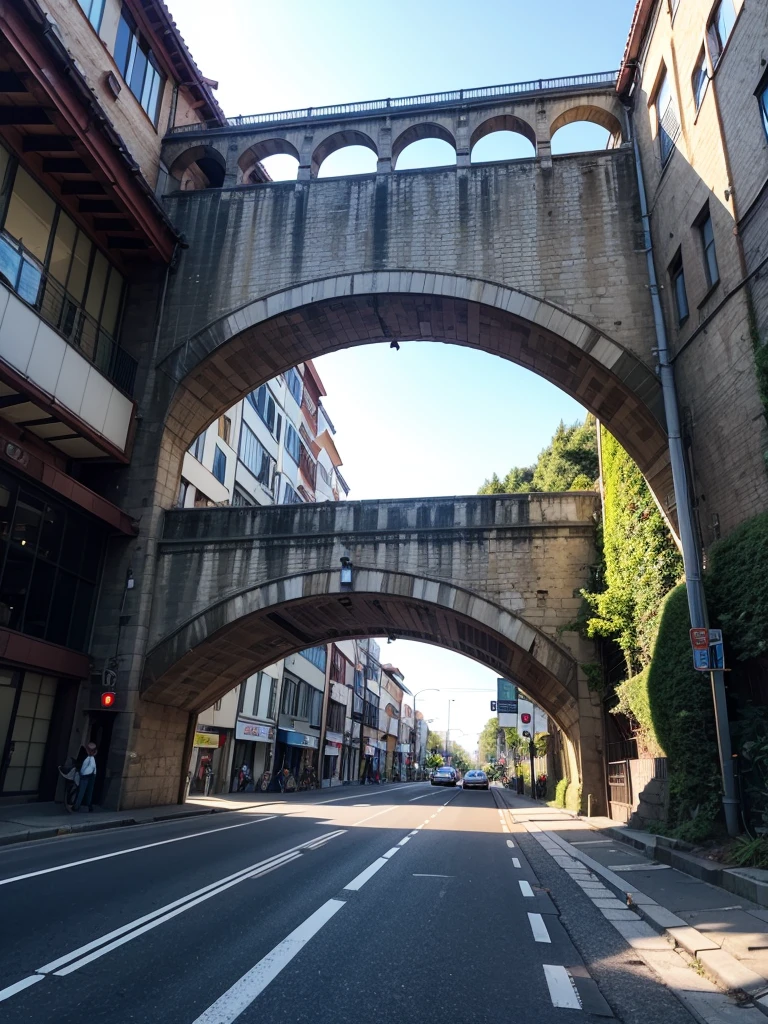 (((Masterpiece))), (best quality),A Japanese viaduct stretches directly across the street. Underneath the viaduct is a single lane road. A local city.