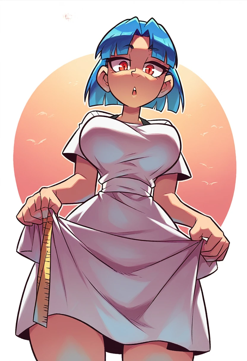 My name is Yukiko.I am a white test woman with long Sky blue hair,red eye color.I am 1.62 cm tall . My breasts measure 200 cm, my waist 40 cm and my hips 200 cm.Dressed in a transparent, low-cut white dress revealing the black underwear below . With big breasts 200 cm